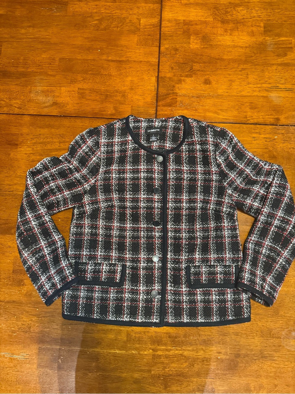 Liz Claiborne Black Tweed Jacket with Red & White Plaid Trim